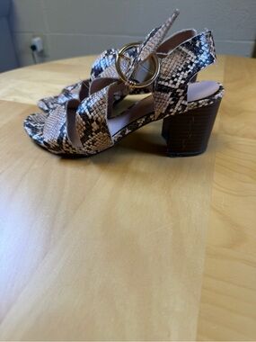 New Look Snake-Print Block Heels in Beige and Black